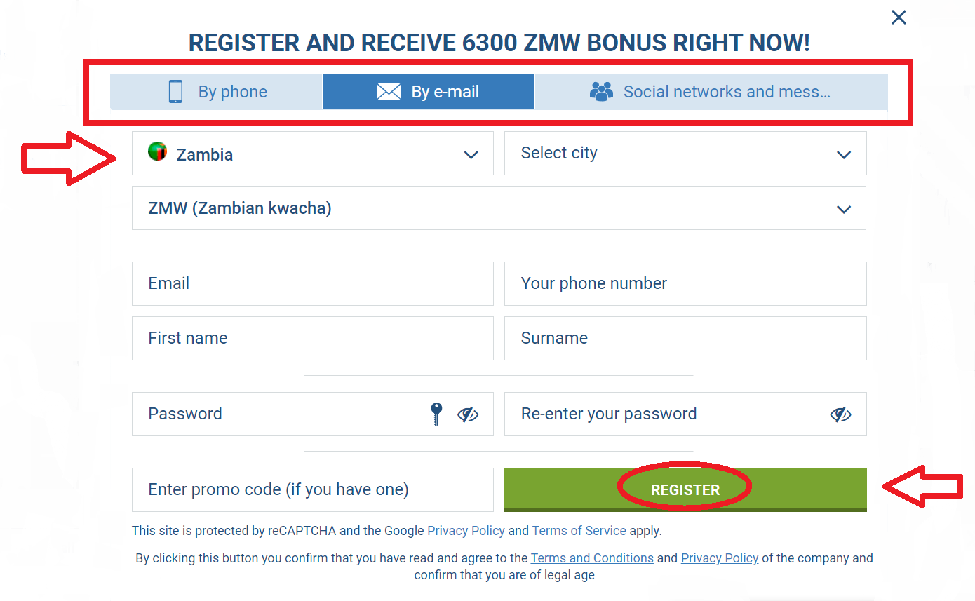 registration by email at 1xBet Zambia